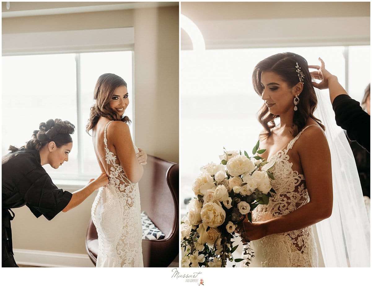 The veil gets put into the bride's hair, Newport, RI