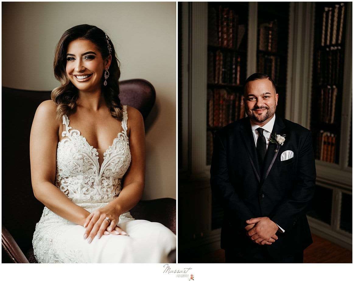 The bride and groom both sit for a formal portrait taken by their RI wedding photographers