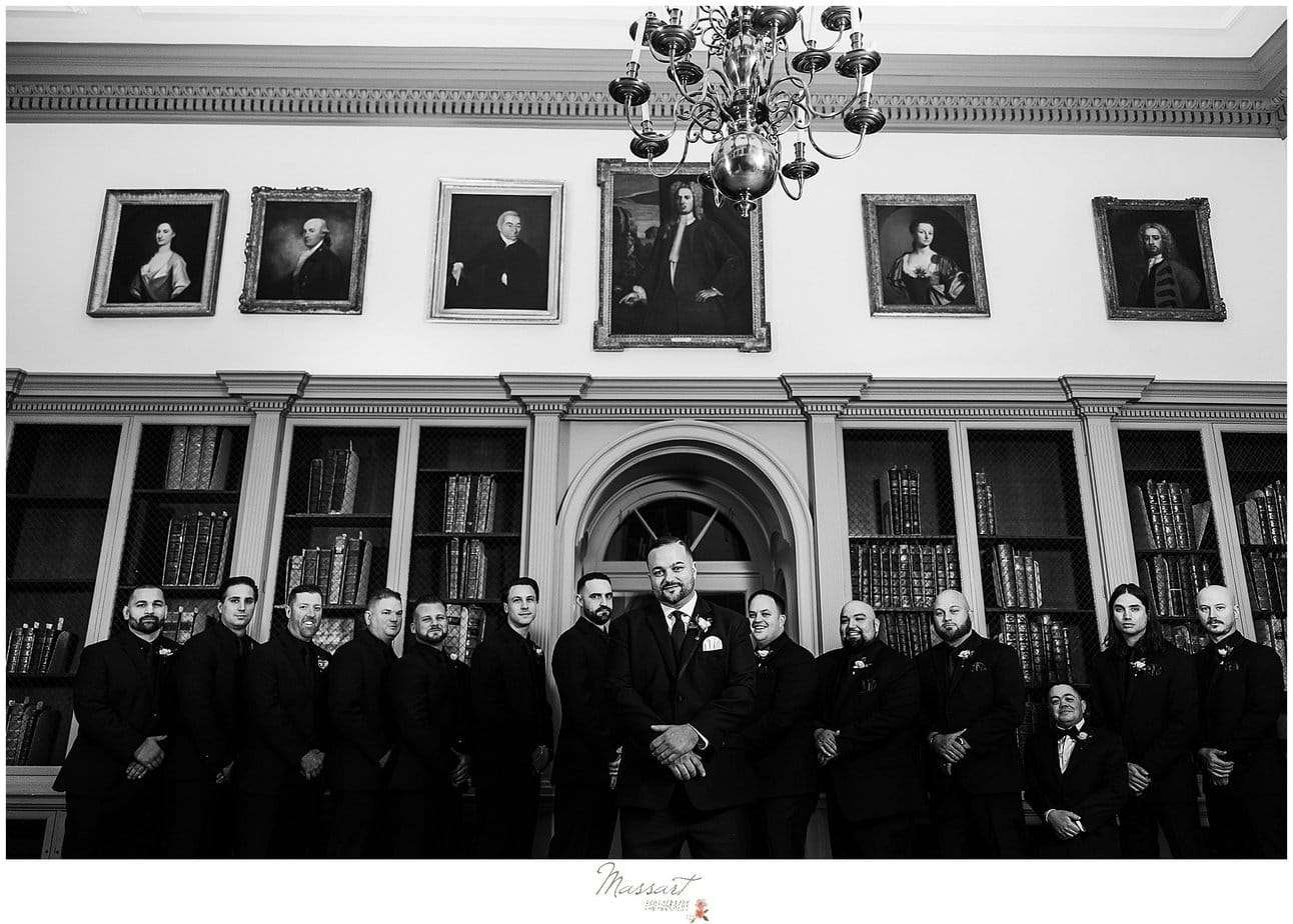 Groomsmen photo of Ed Brady at the Redwood library in Newport, RI