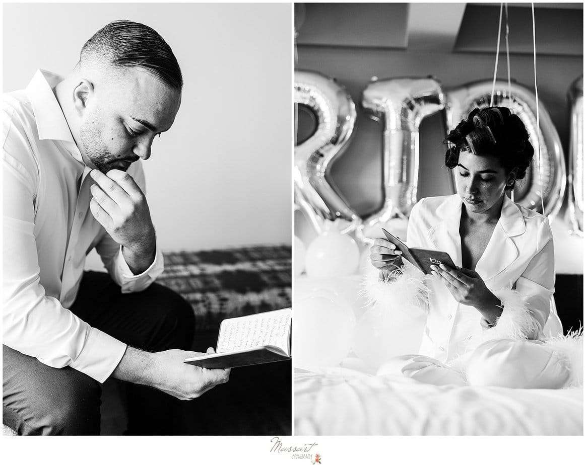 The bride and groom are photographed reading cards to each other in Newport, Rhode Island