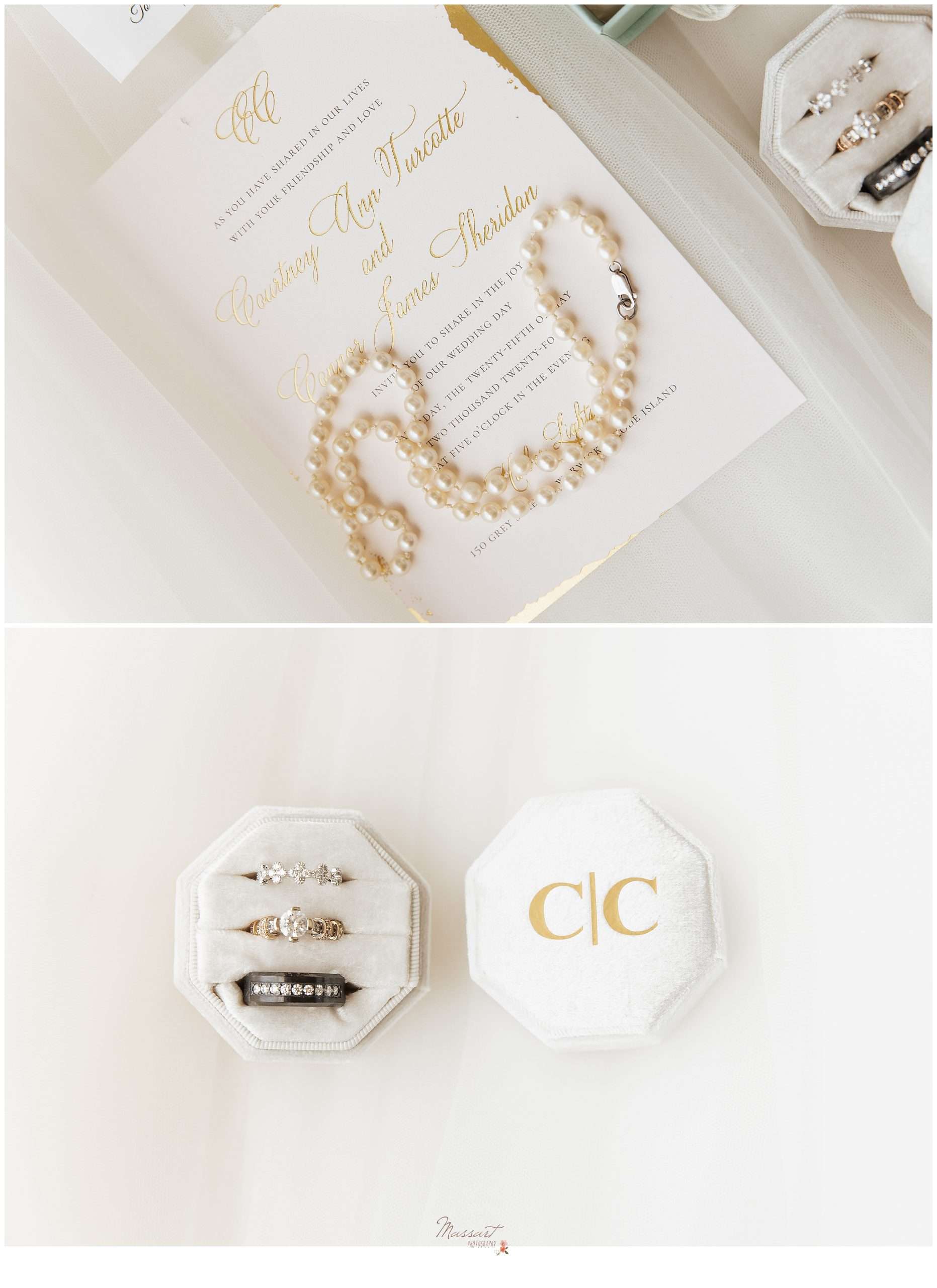 bride's jewelry and rings on ivory ring box with gold foil on top
