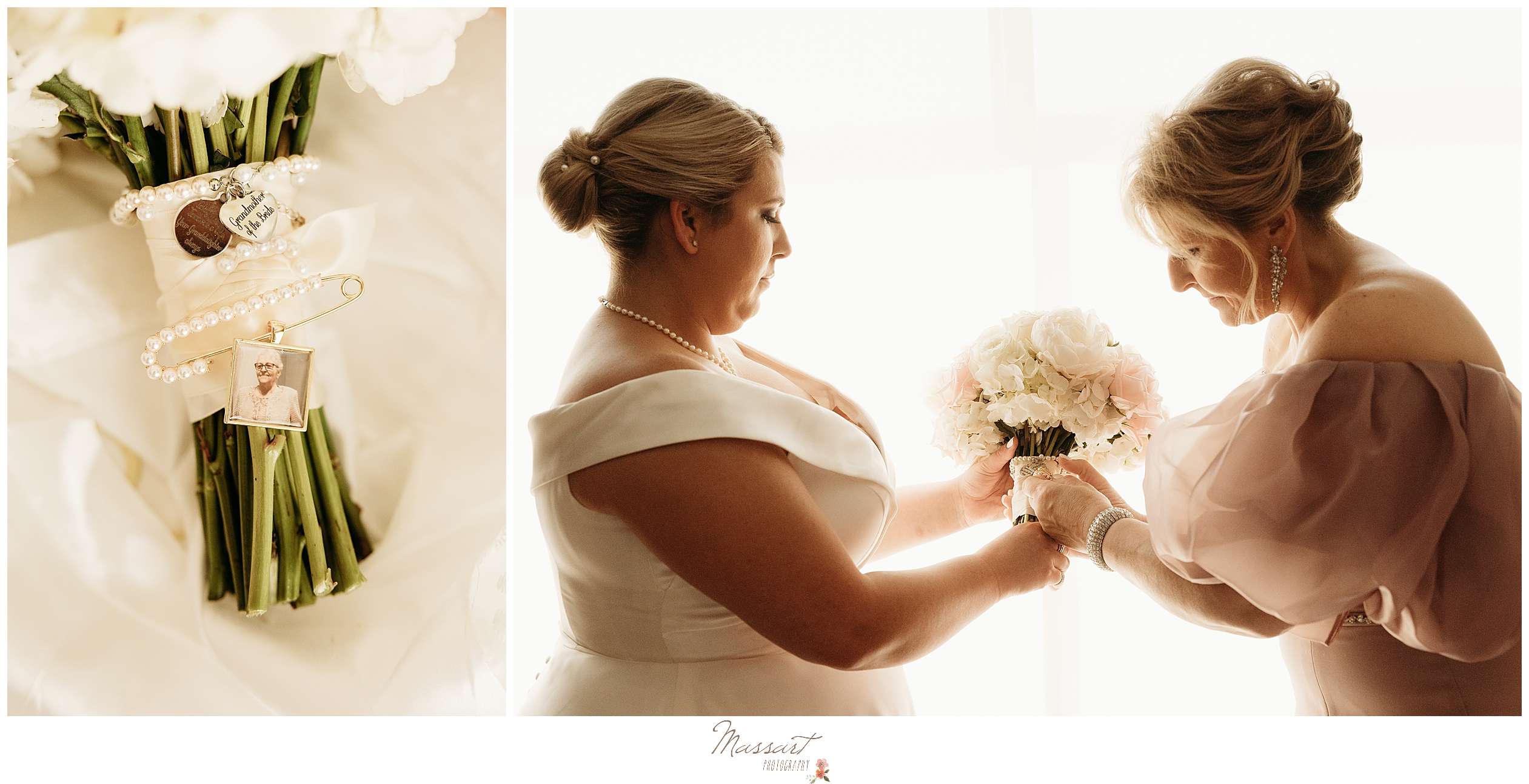 mother helps place charm on bouquet with pearl pin