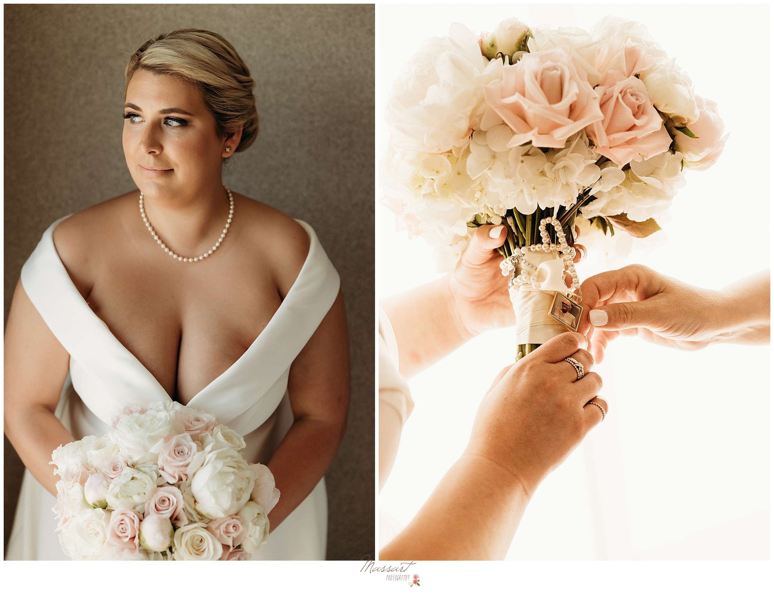 bride stands holding pink and white rose bouquet