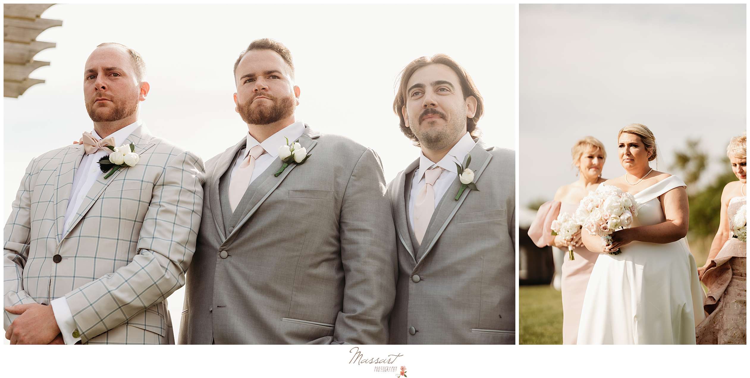 groomsmen hug groom standing by alter as bride cries walking down aisle at Harbor Lights
