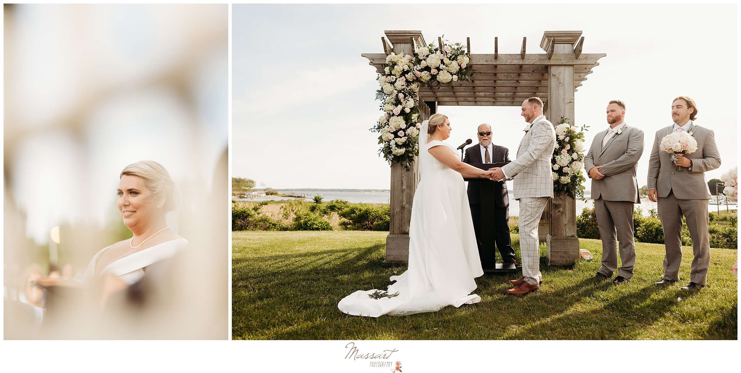 bride and groom hold hands during waterfront ceremony at Harbor Lights